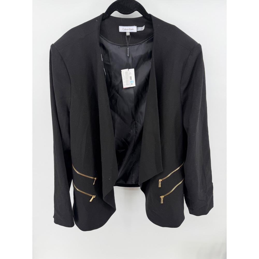 Calvin Klein Womens Plus 20W Black Open Front Draped Blazer Gold Zipper Accent